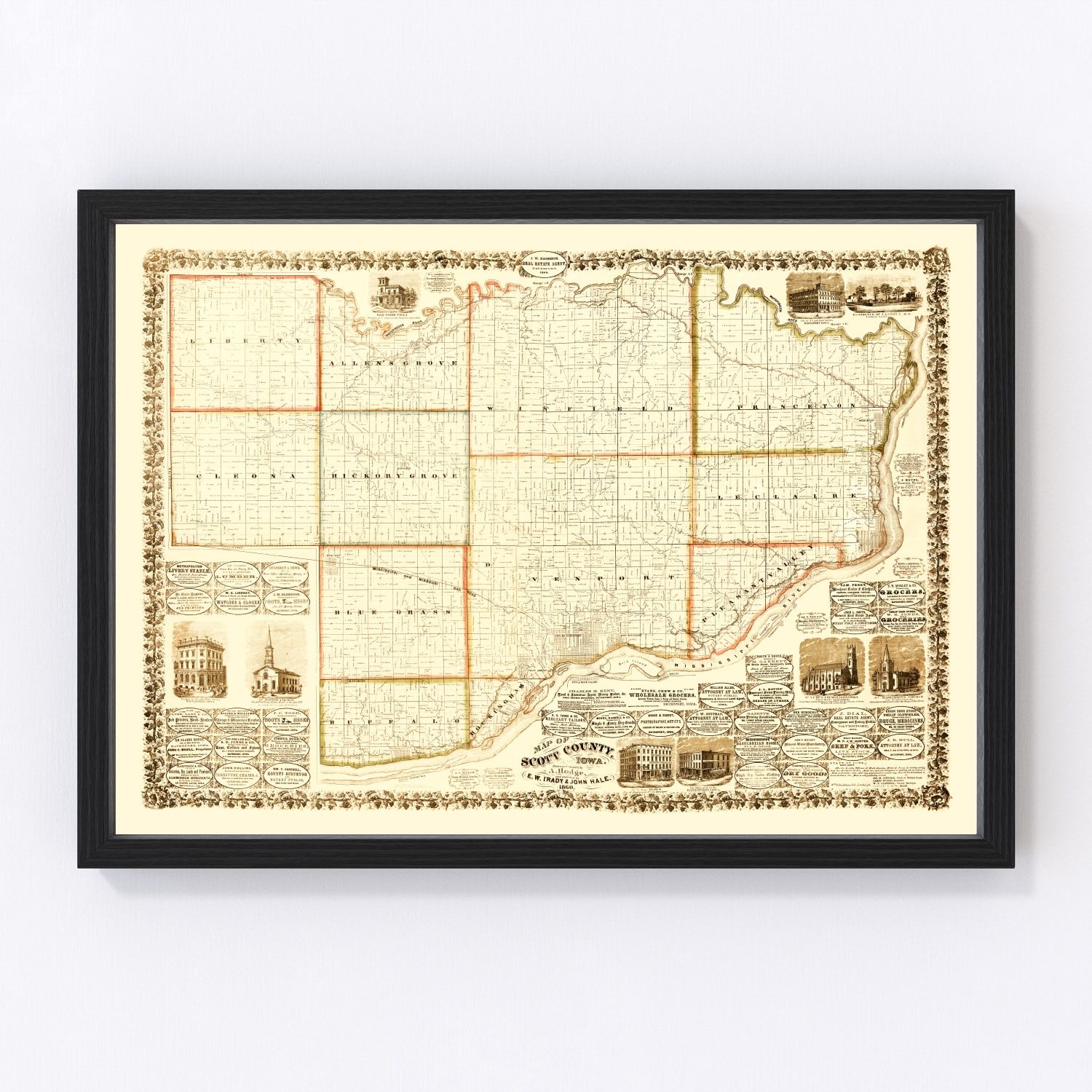 vintage map of Scott County, Iowa, 1860