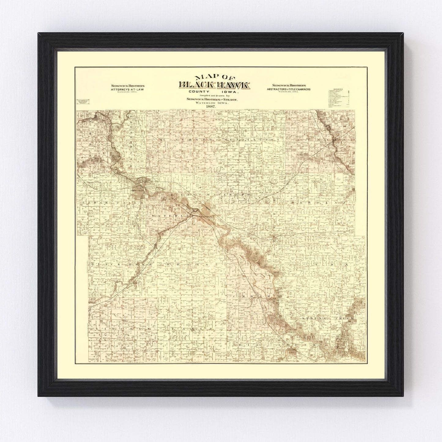 Vintage map of Black Hawk County, Iowa, 1887, Cedar Falls and Waterloo