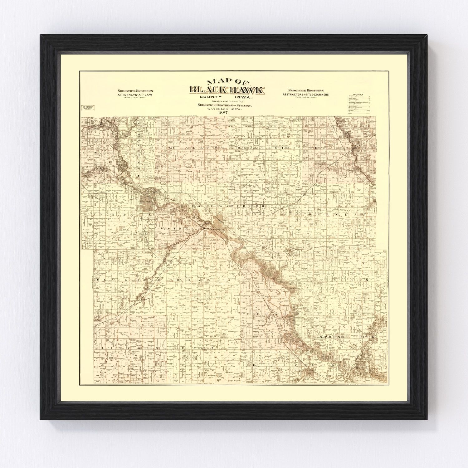 Vintage map of Black Hawk County, Iowa, 1887, Cedar Falls and Waterloo