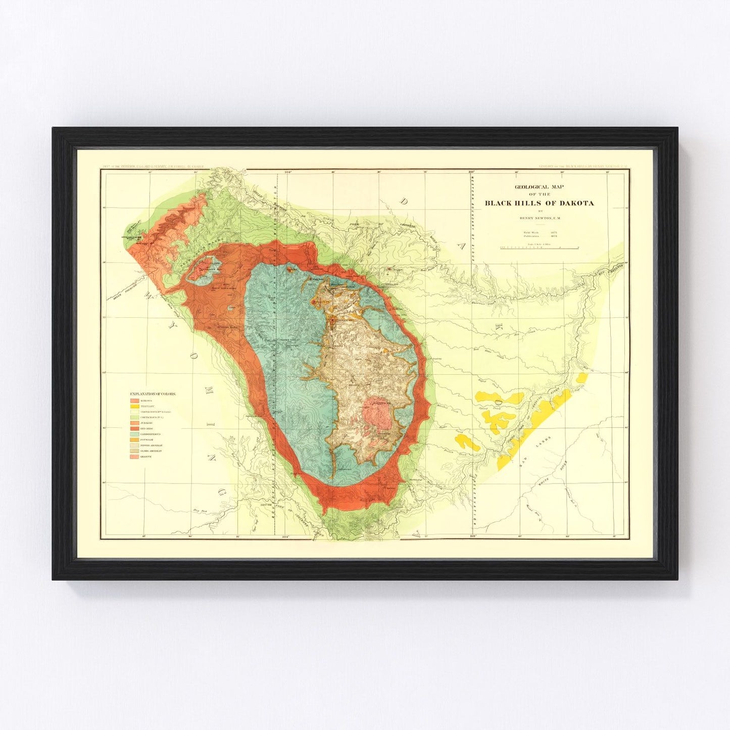 Vintage geological map of the Black Hills, South Dakota, 1879 - Gold Rush era mineral survey