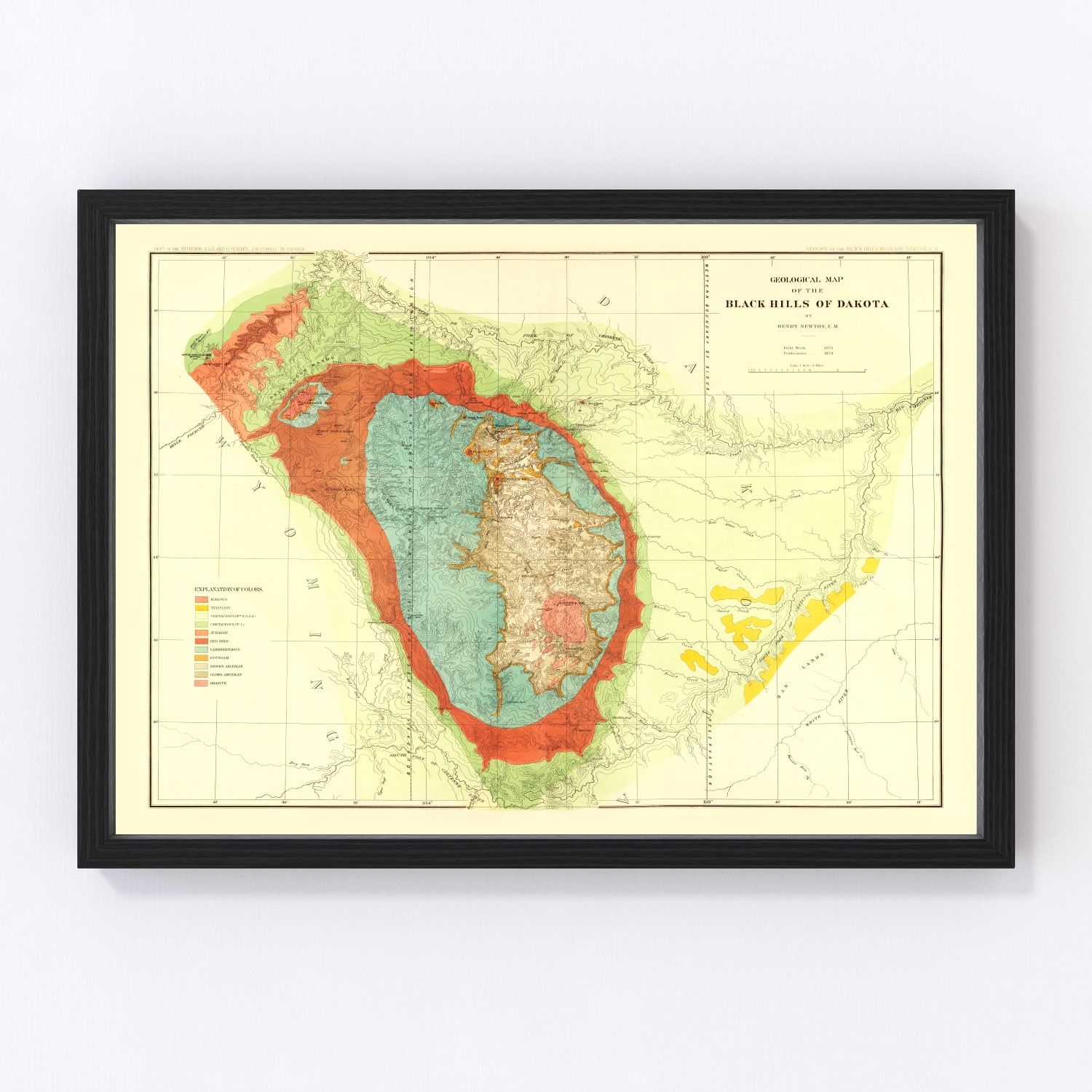 Vintage geological map of the Black Hills, South Dakota, 1879 - Gold Rush era mineral survey