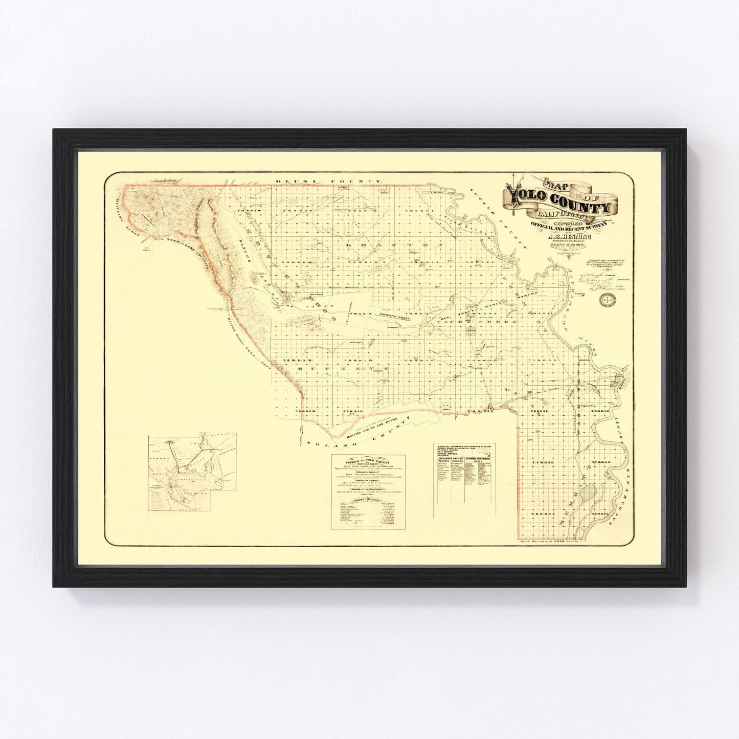 Vintage restored map of Yolo County, California, 1871