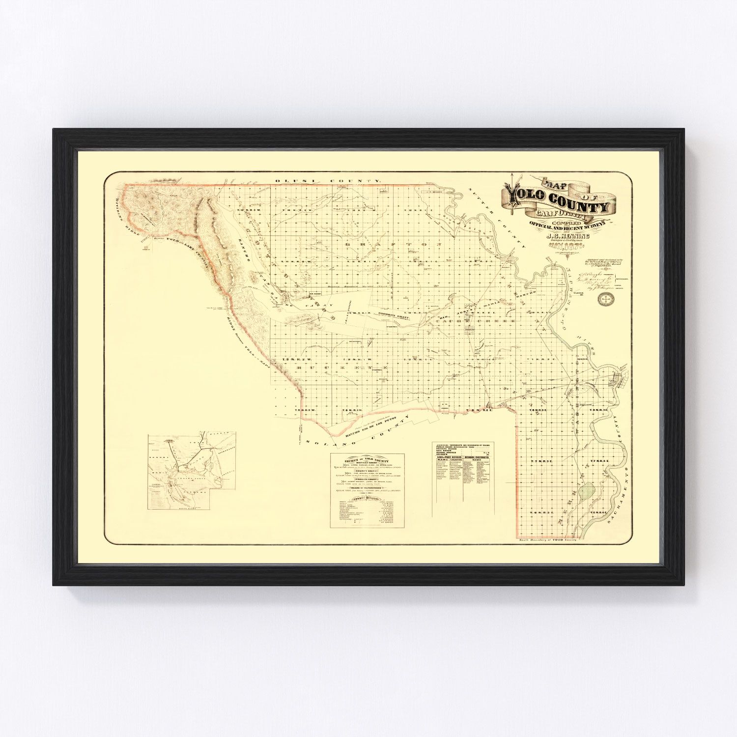 Vintage restored map of Yolo County, California, 1871