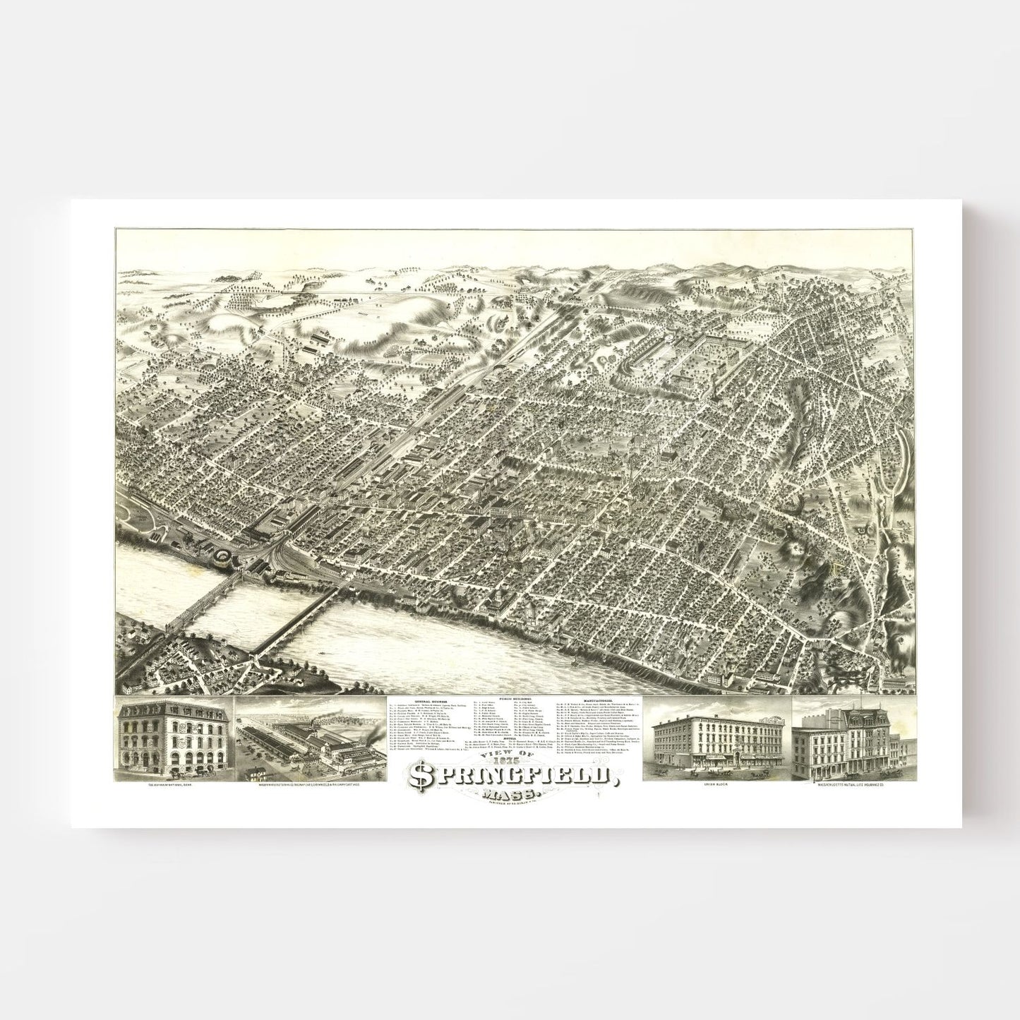 Vintage Map of Springfield, Massachusetts, 1875