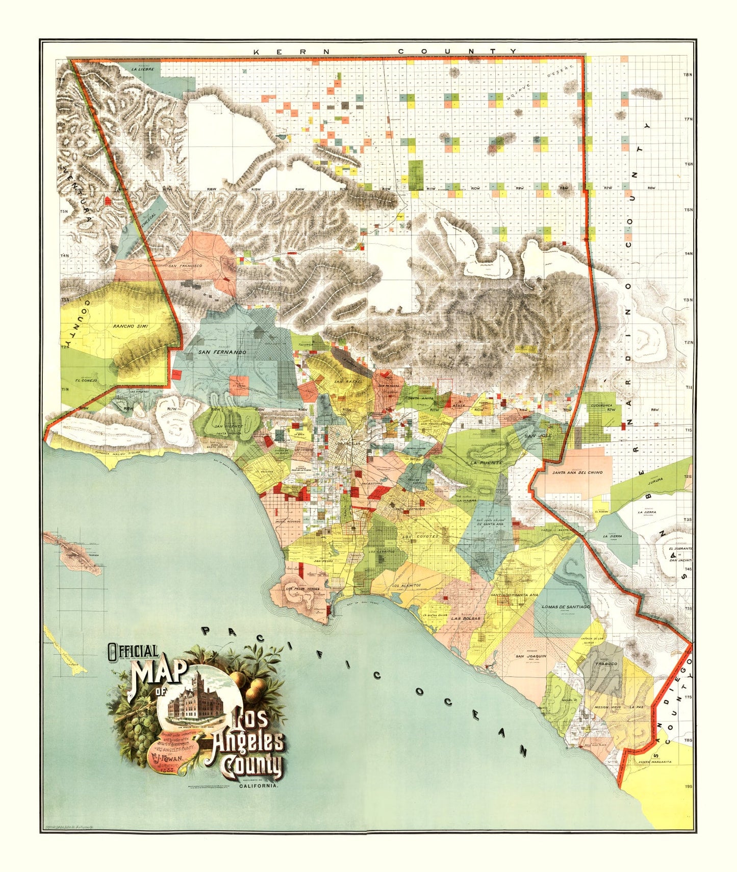 Vintage Map of Los Angeles County, California, 1888