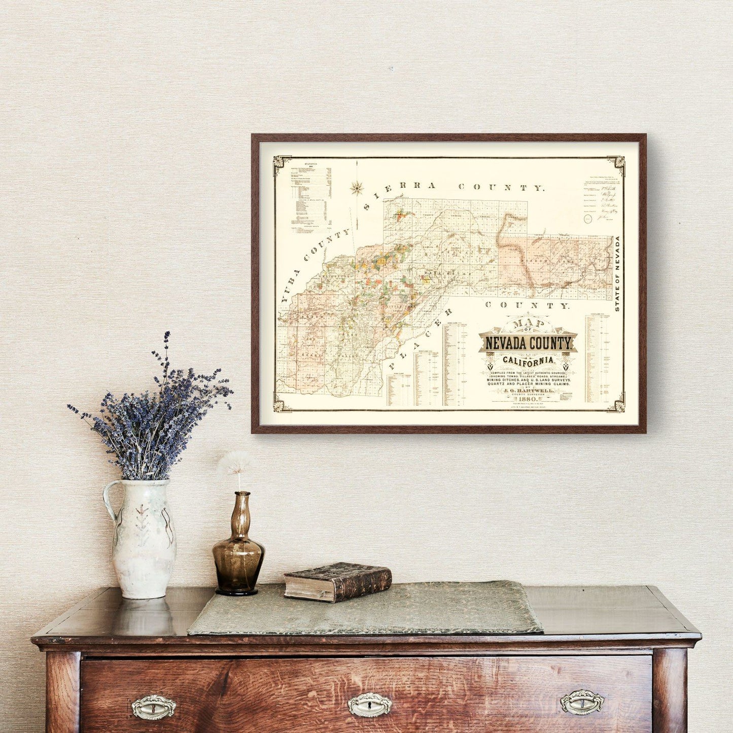 Vintage Map of Nevada County, California, 1880