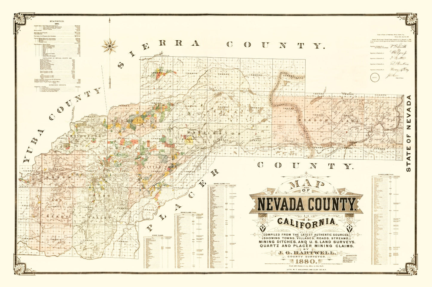 Vintage Map of Nevada County, California, 1880