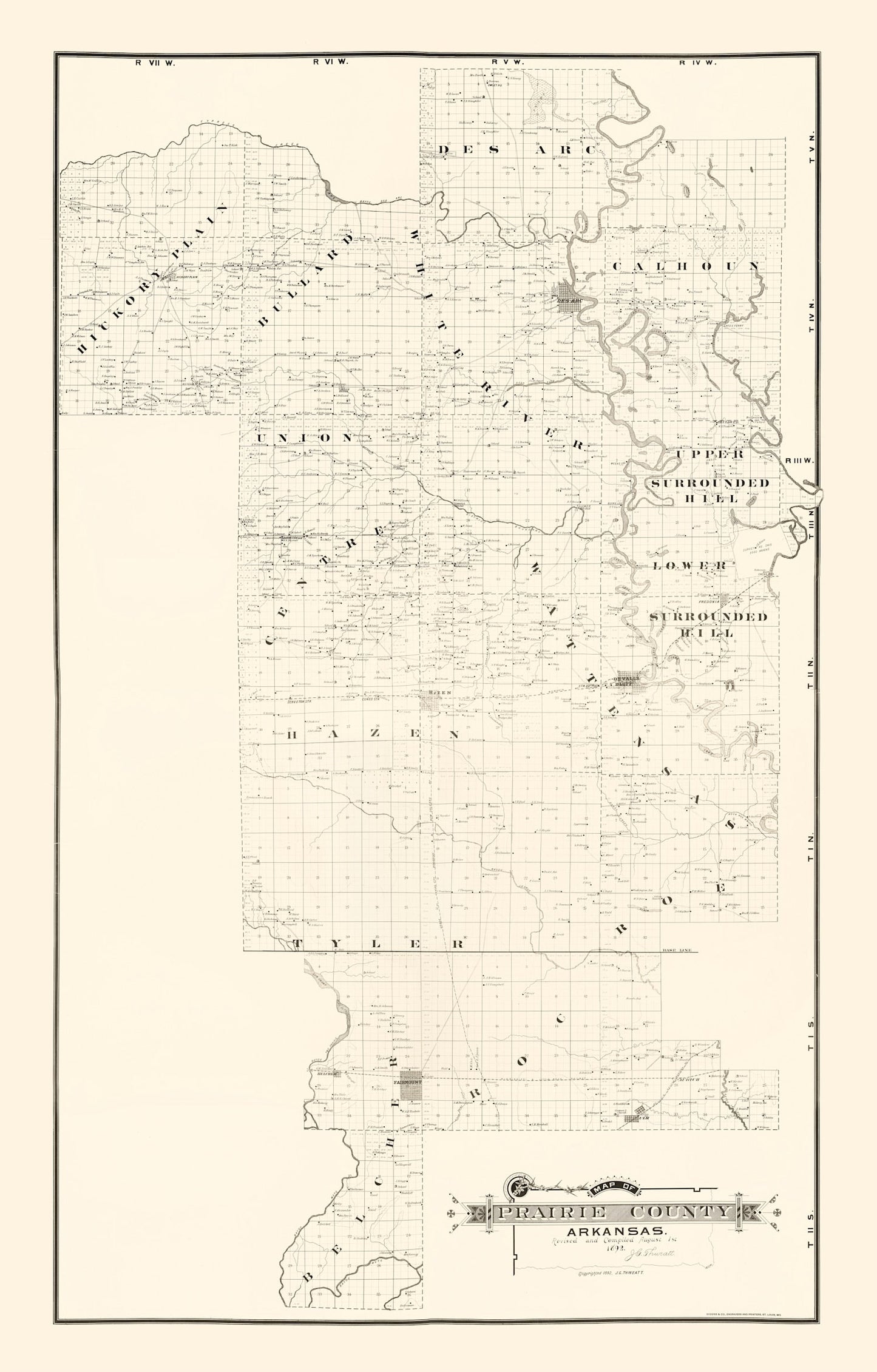 Vintage Map of Prairie County, Arkansas, 1892