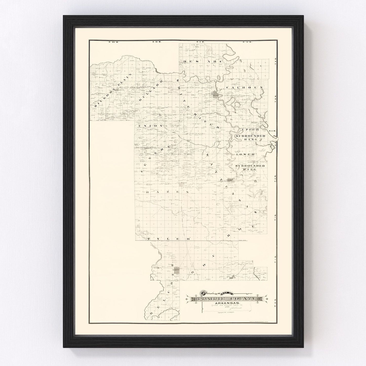 Vintage map of Prairie County, Arkansas, 1892
