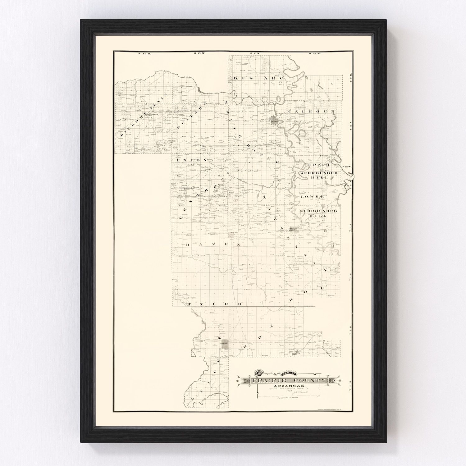 Vintage map of Prairie County, Arkansas, 1892