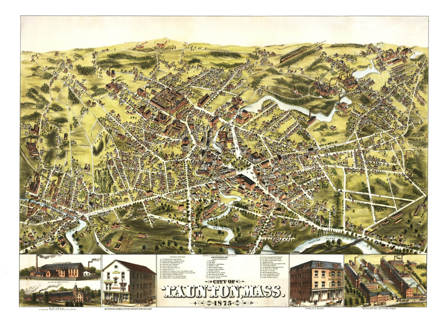 Vintage Map of Taunton, Massachusetts, 1875