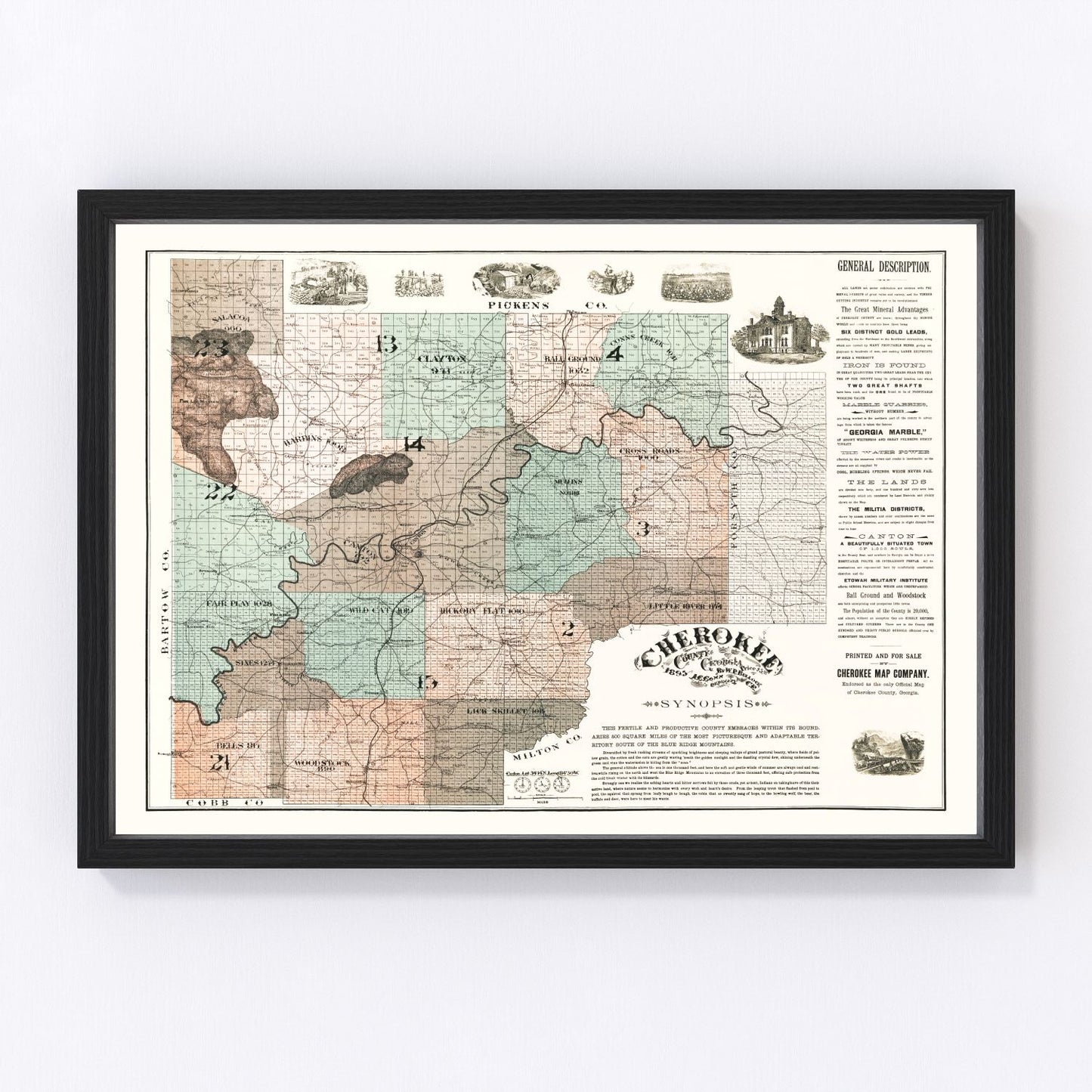 Vintage map of Cherokee County, Georgia, 1895, digitally restored print