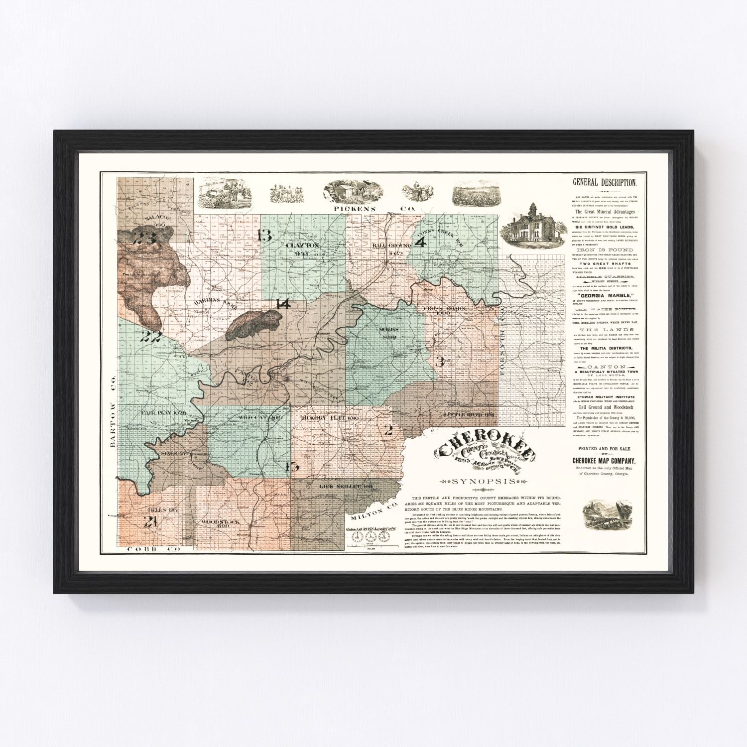 Vintage map of Cherokee County, Georgia, 1895, digitally restored print