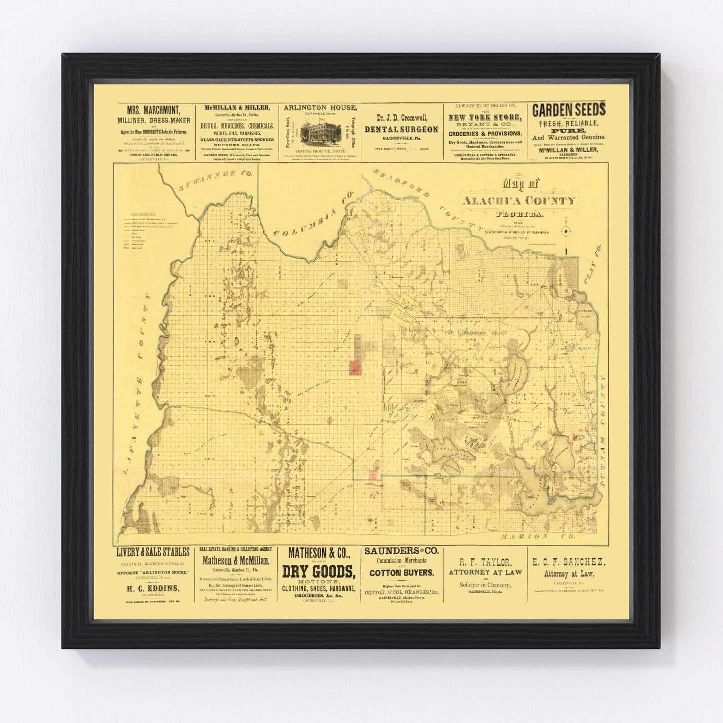 Vintage map of Alachua County, Florida, 1880 - restored print