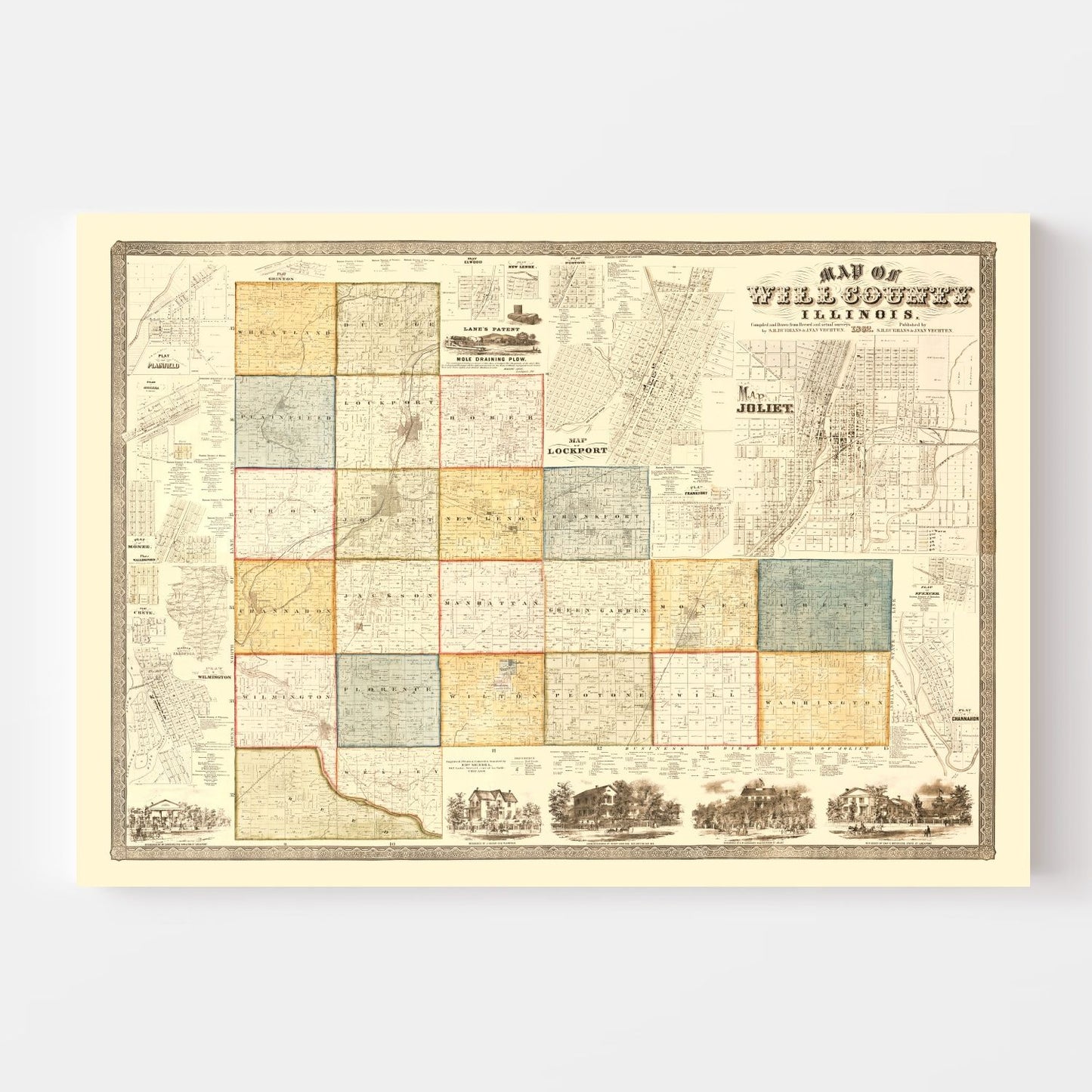 Vintage Map of Will County, Illinois, 1864