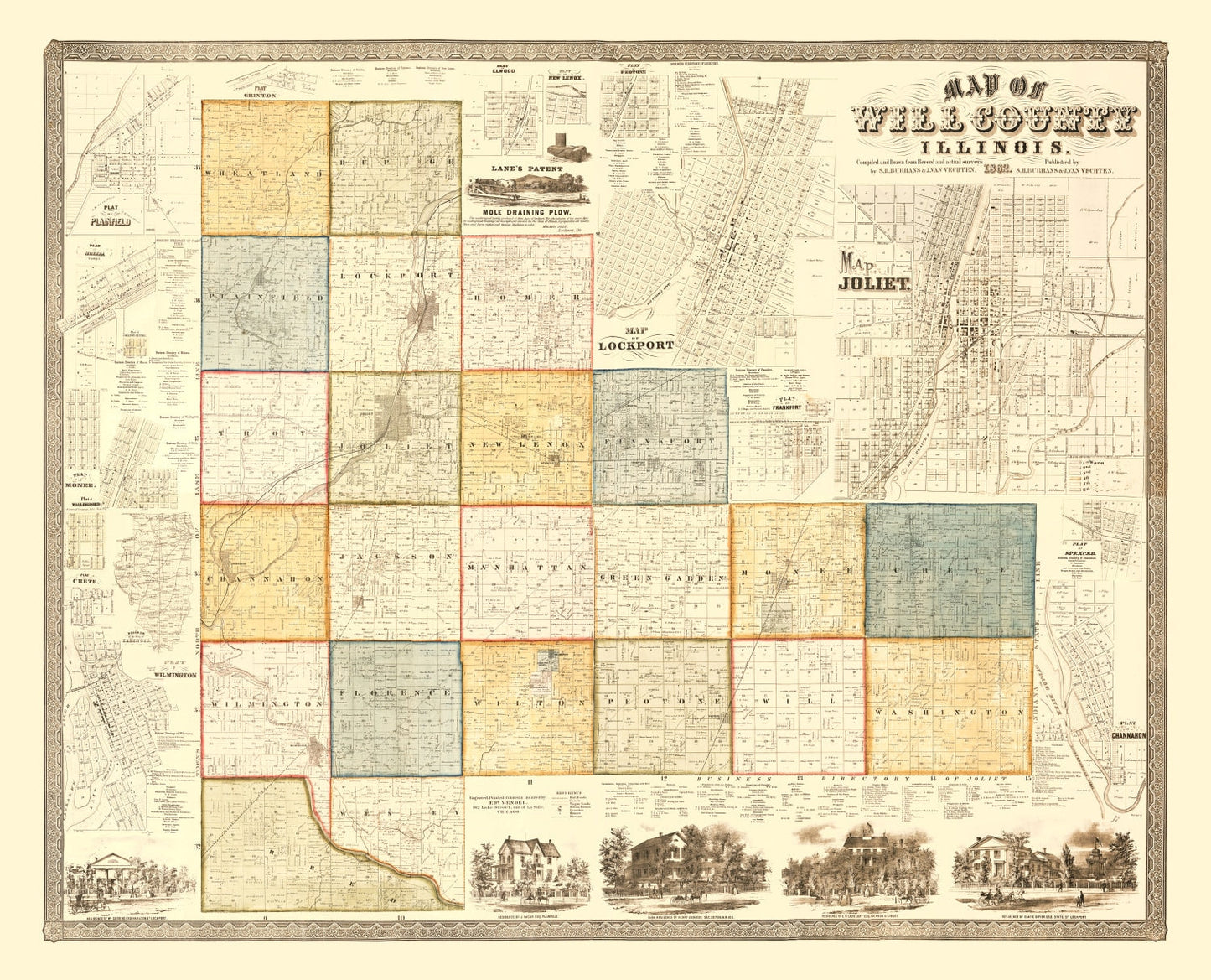 Vintage Map of Will County, Illinois, 1864