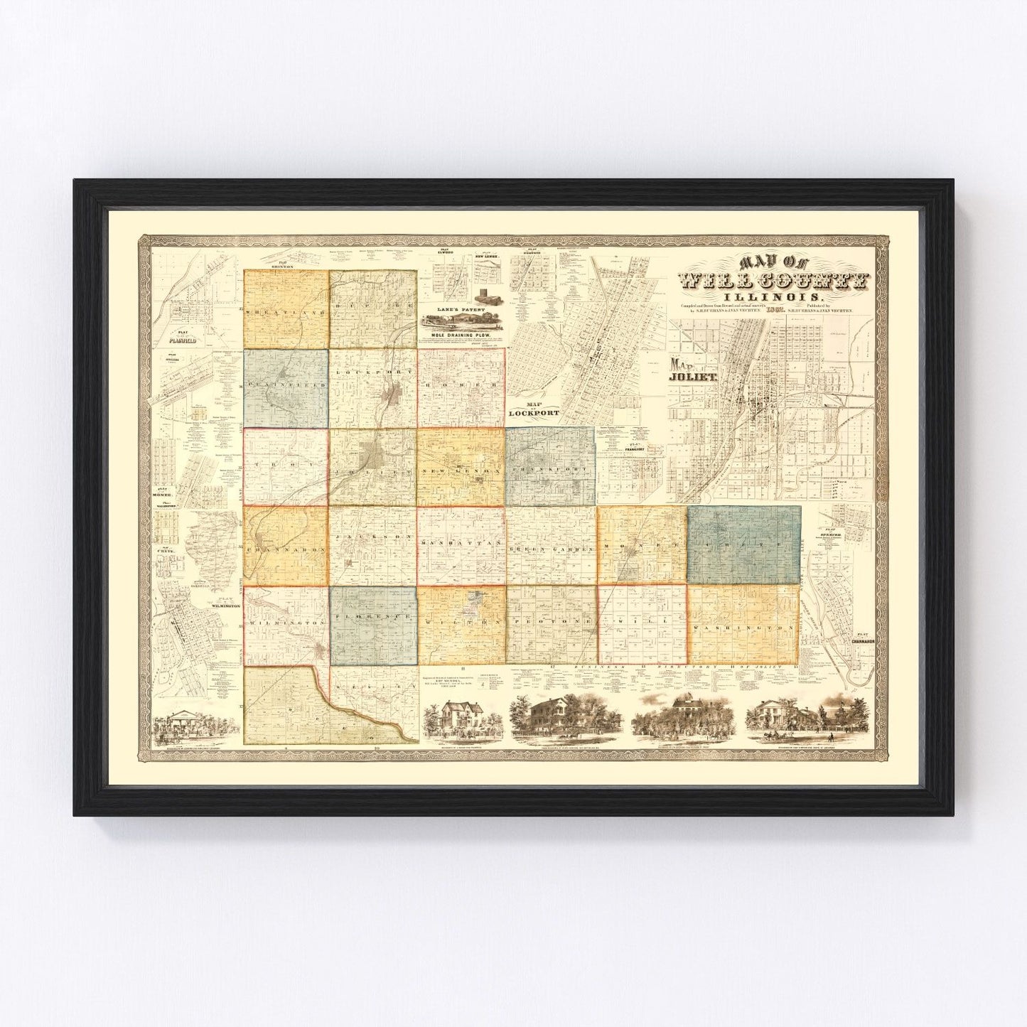 Vintage map of Will County, Illinois, 1864, Civil War era Joliet area cartography