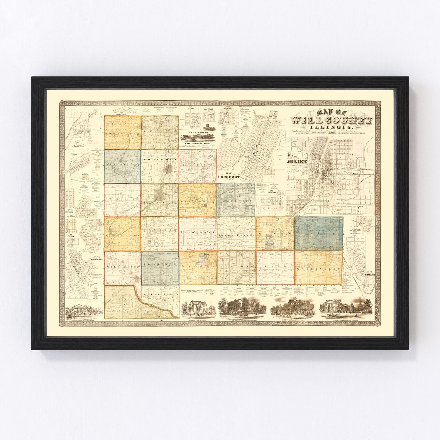 Vintage map of Will County, Illinois, 1864, Civil War era Joliet area cartography