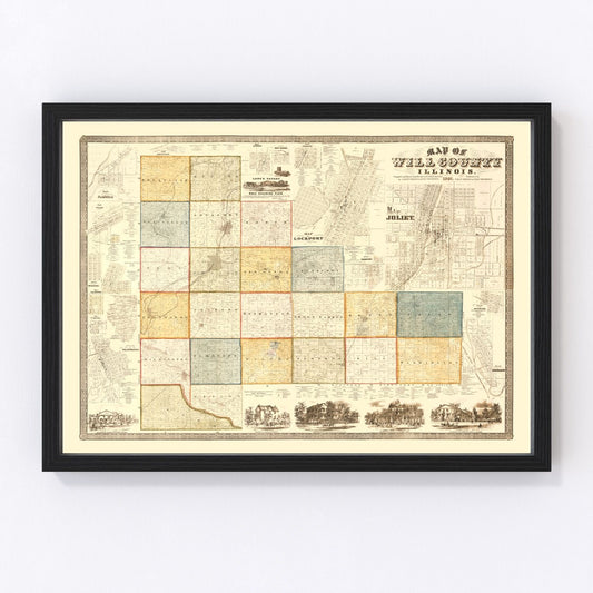 Vintage map of Will County, Illinois, 1864, Civil War era Joliet area cartography