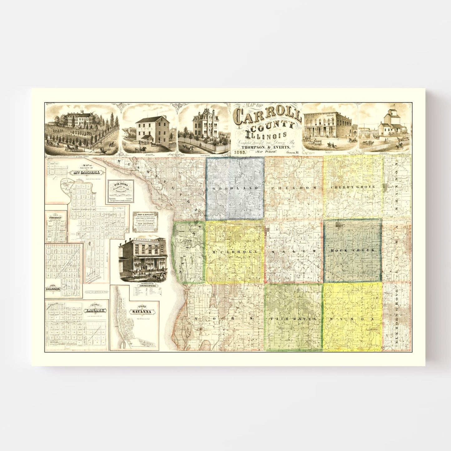 Vintage Map of Carroll County, Illinois, 1869