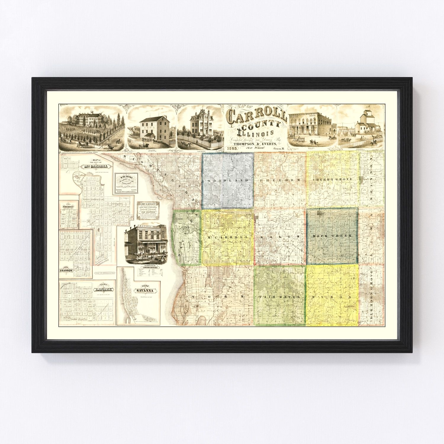 Vintage map of Carroll County, Illinois, 1869, restored vintage wall art print