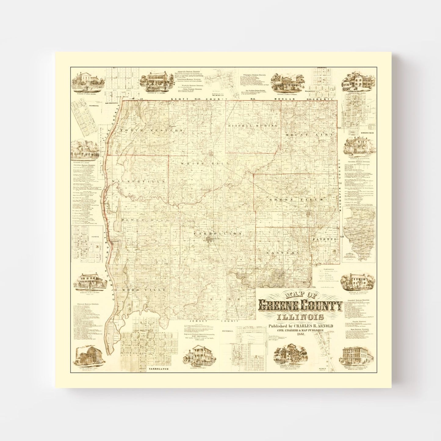 Vintage Map of Greene County, Illinois, 1861