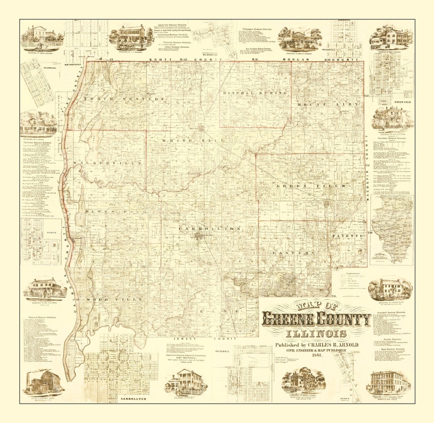 Vintage Map of Greene County, Illinois, 1861