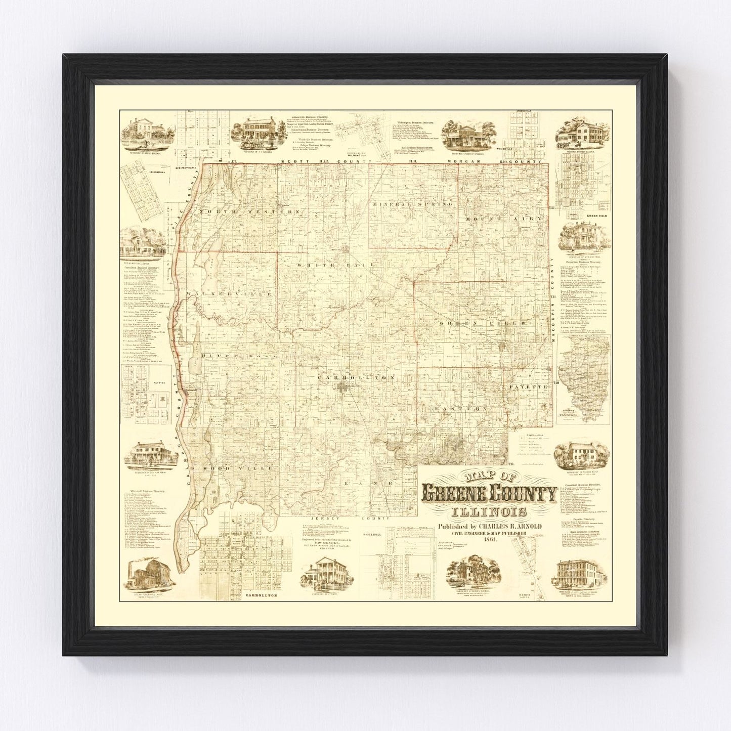 Vintage map of Greene County, Illinois, 1861