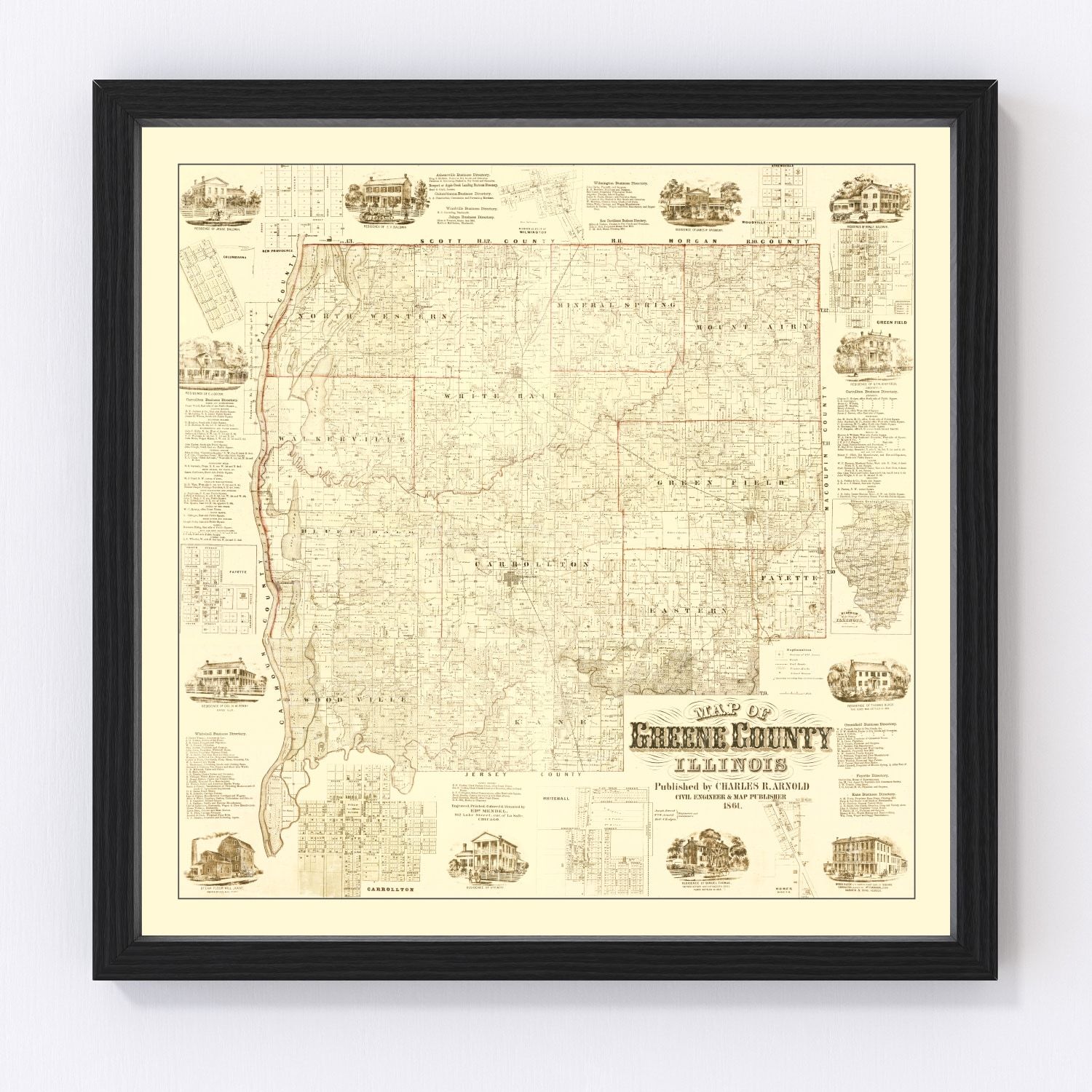 Vintage map of Greene County, Illinois, 1861