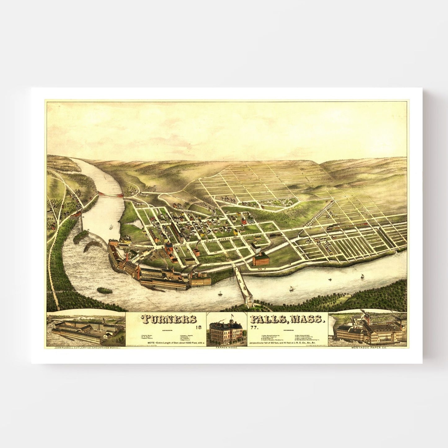 Vintage Map of Turners Falls, Massachusetts, 1887