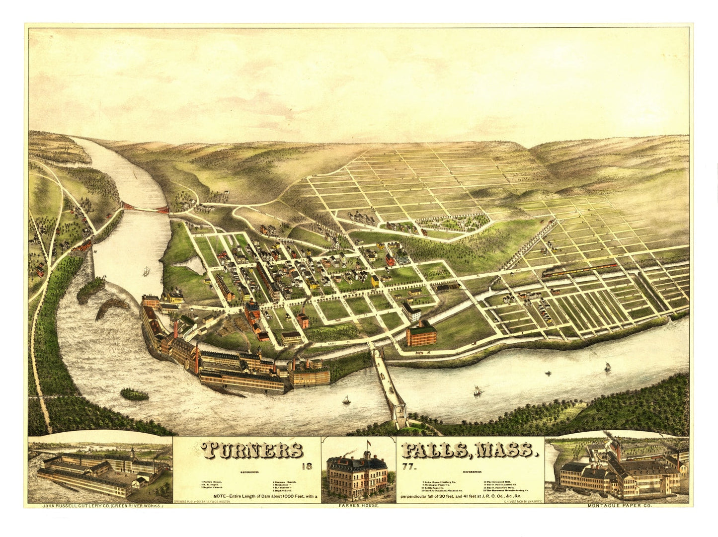 Vintage Map of Turners Falls, Massachusetts, 1887