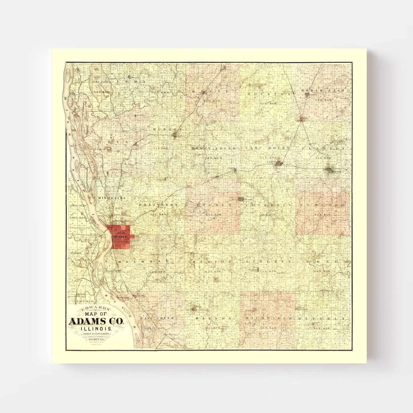 Vintage Map of Adams County, Illinois, 1889