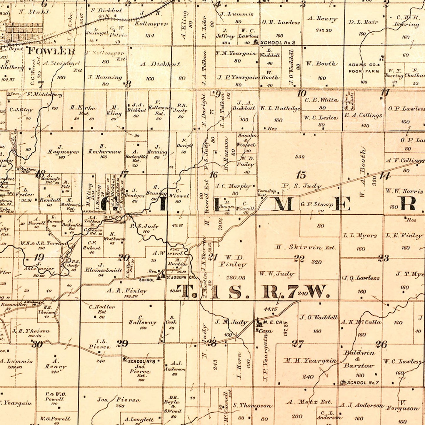 Vintage Map of Adams County, Illinois, 1889