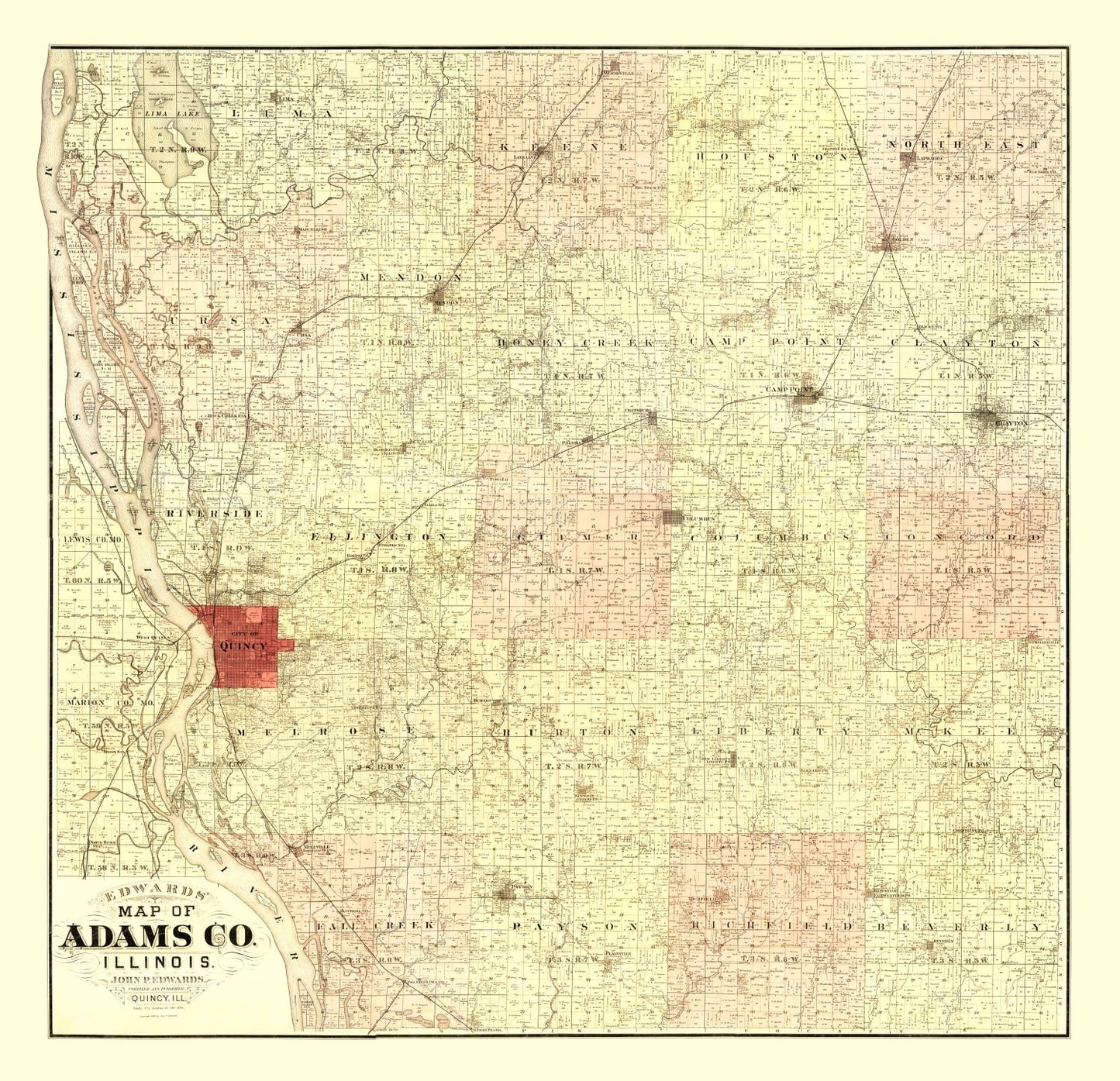 Vintage Map of Adams County, Illinois, 1889