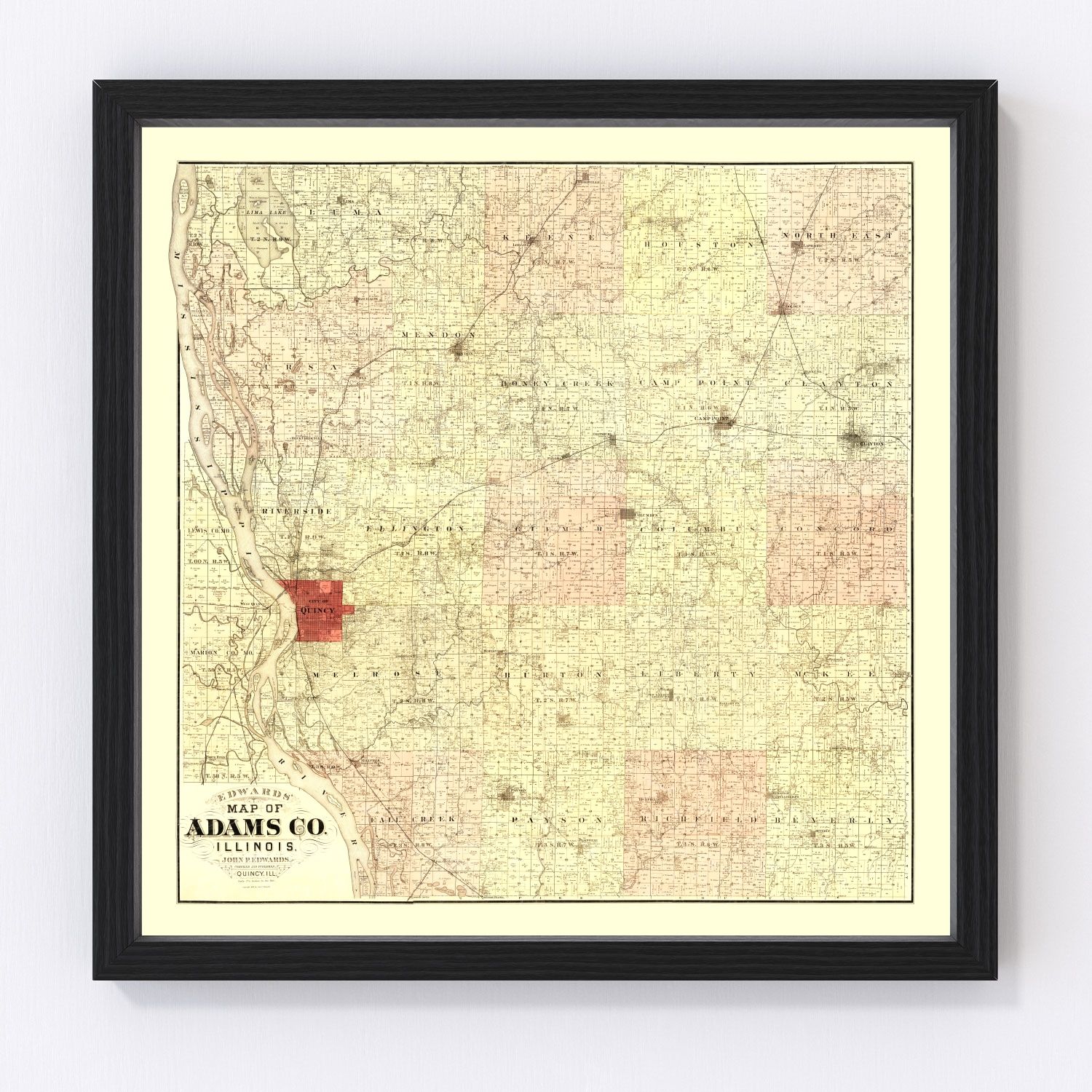 Vintage map of Adams County, Illinois, 1889 - restored Quincy area plat atlas cartography
