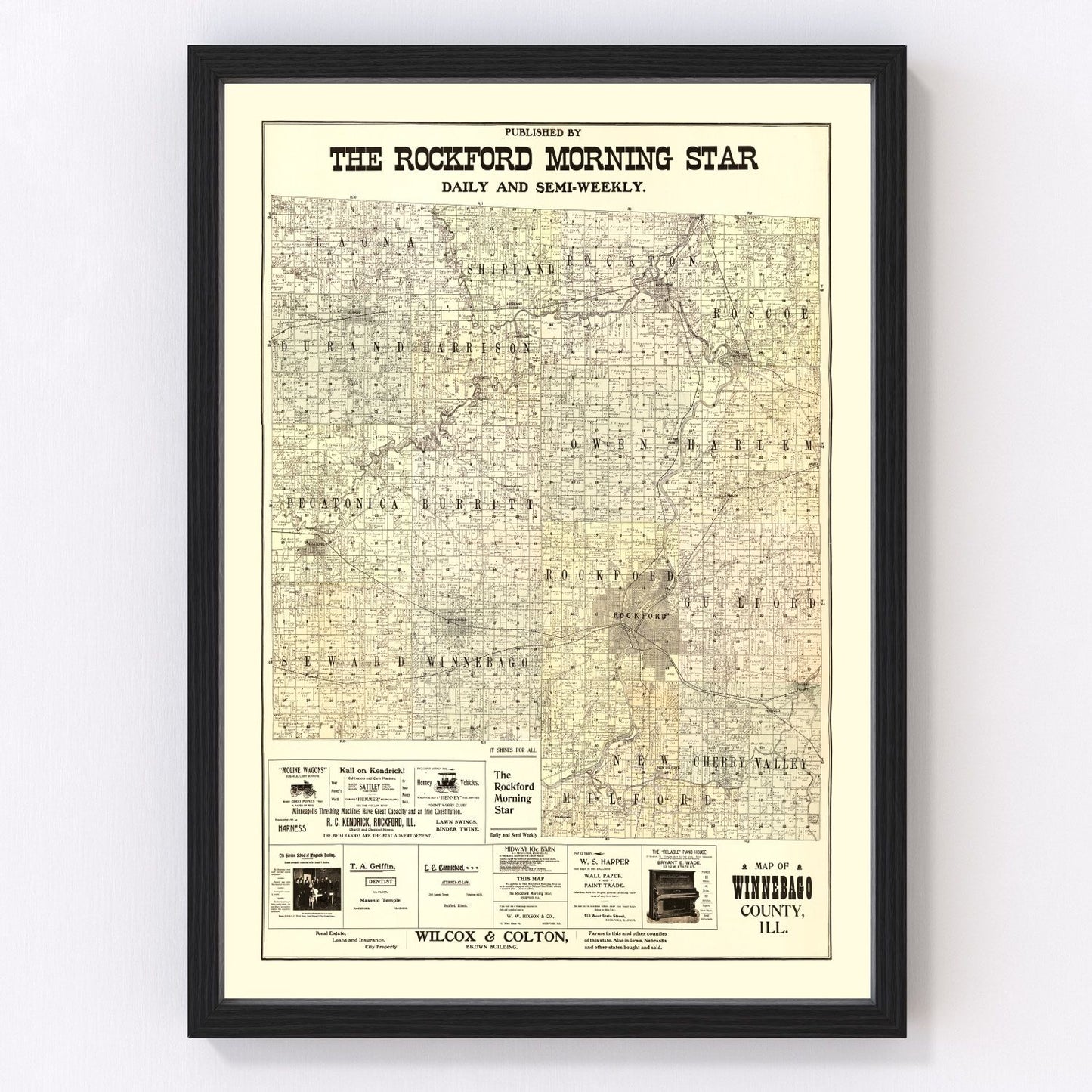 Vintage map of Winnebago County, Illinois, 1902, with Rockford, restored print