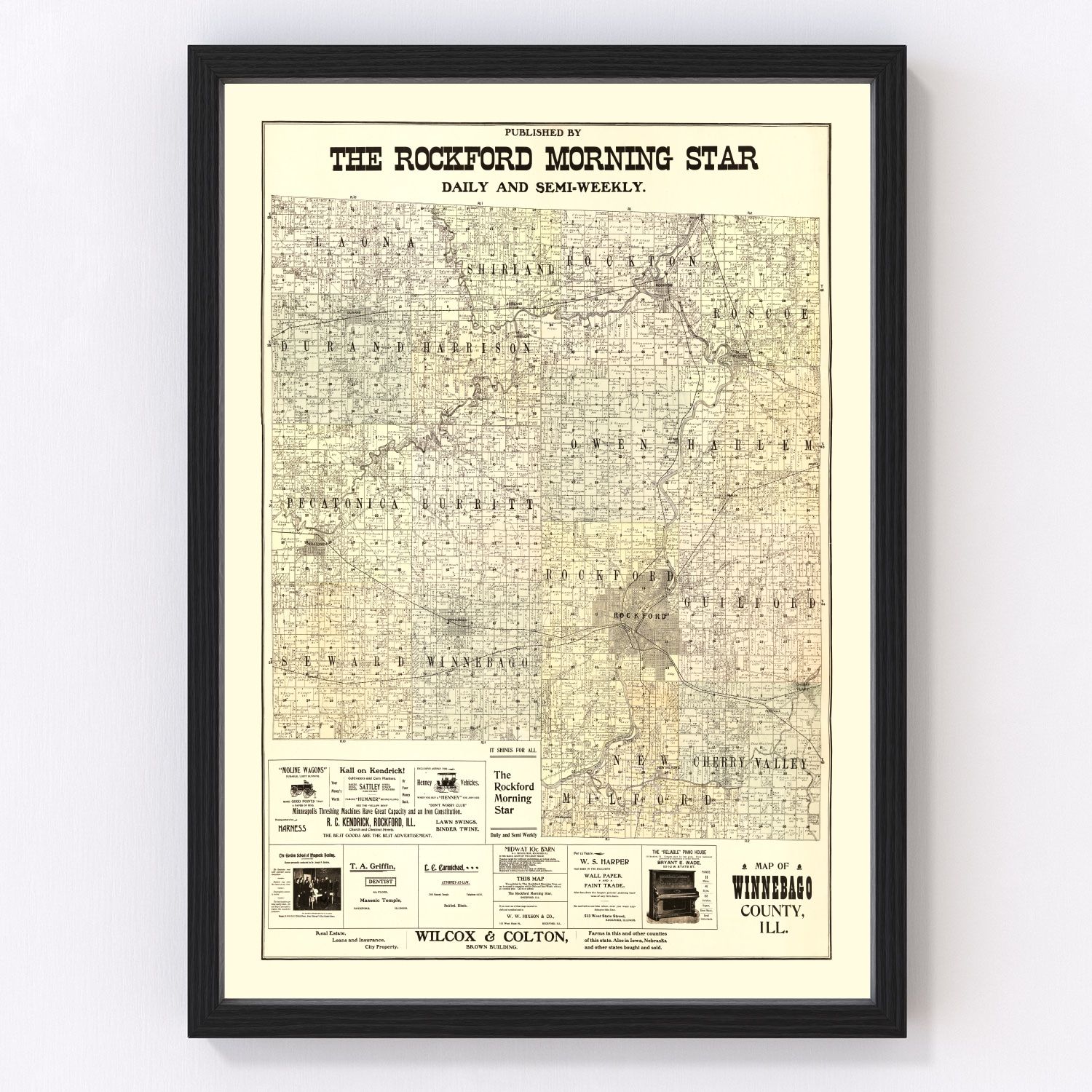Vintage map of Winnebago County, Illinois, 1902, with Rockford, restored print