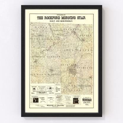 Vintage map of Winnebago County, Illinois, 1902, with Rockford, restored print