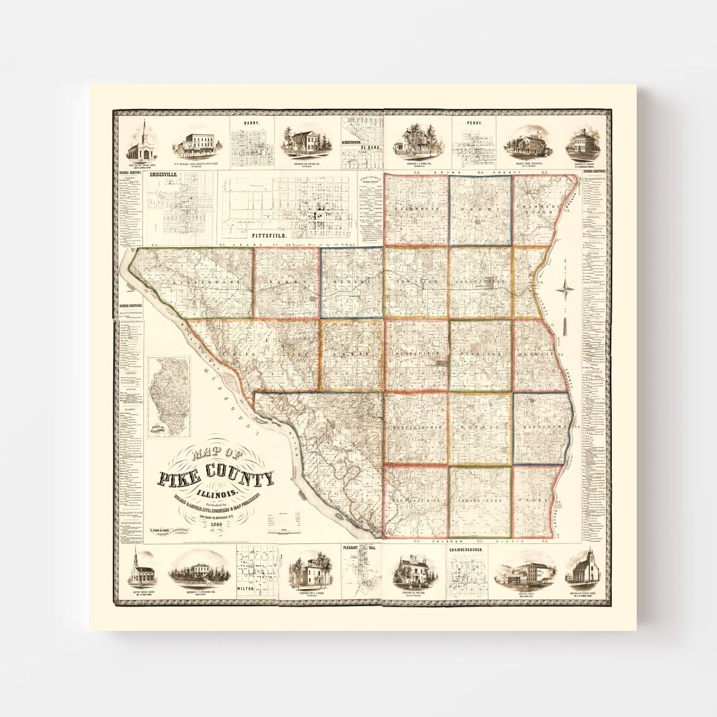 Vintage Map of Pike County, Illinois, 1860