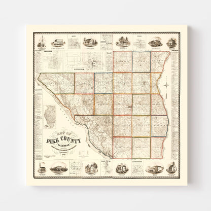Vintage Map of Pike County, Illinois, 1860