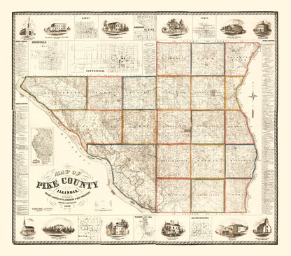 Vintage Map of Pike County, Illinois, 1860
