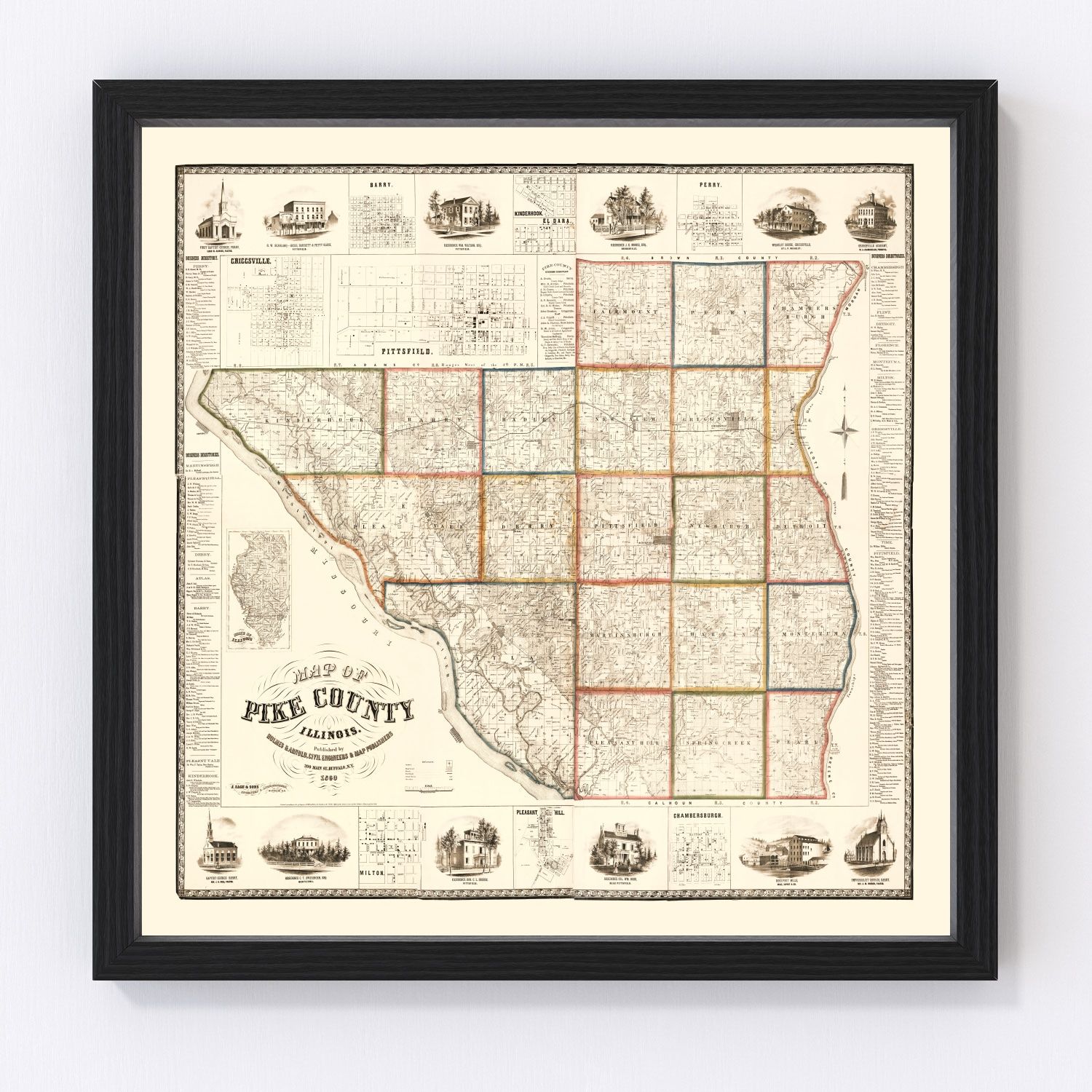 vintage map of Pike County, Illinois, 1860