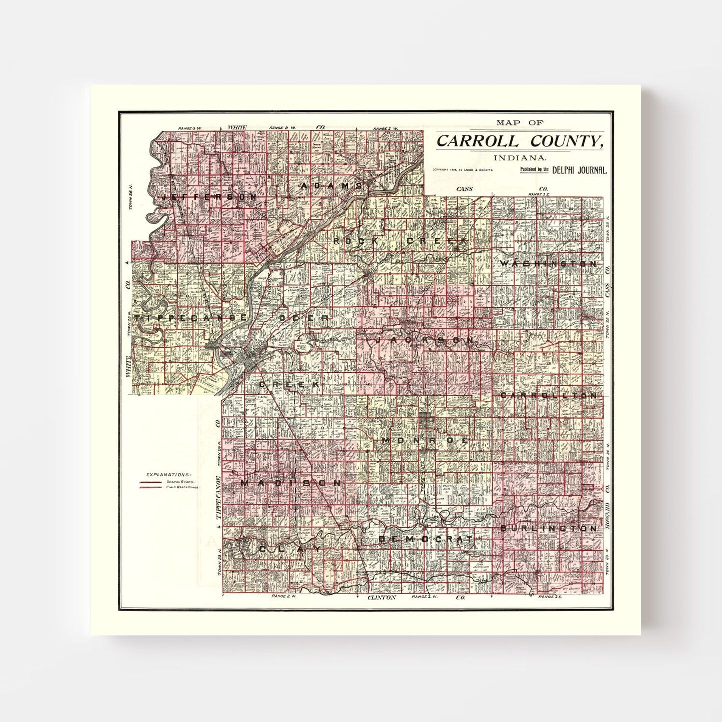 Vintage Map of Carroll County, Indiana, 1898