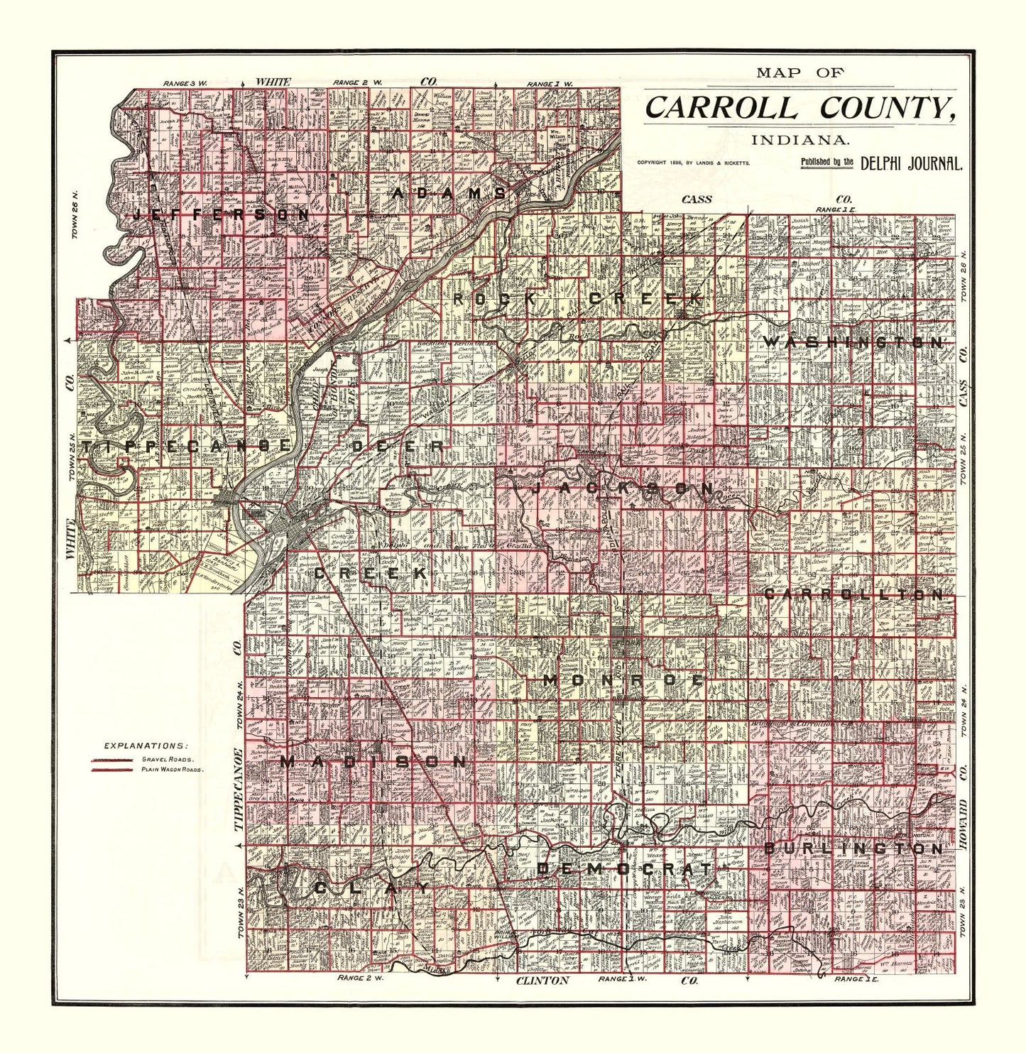 Vintage Map of Carroll County, Indiana, 1898
