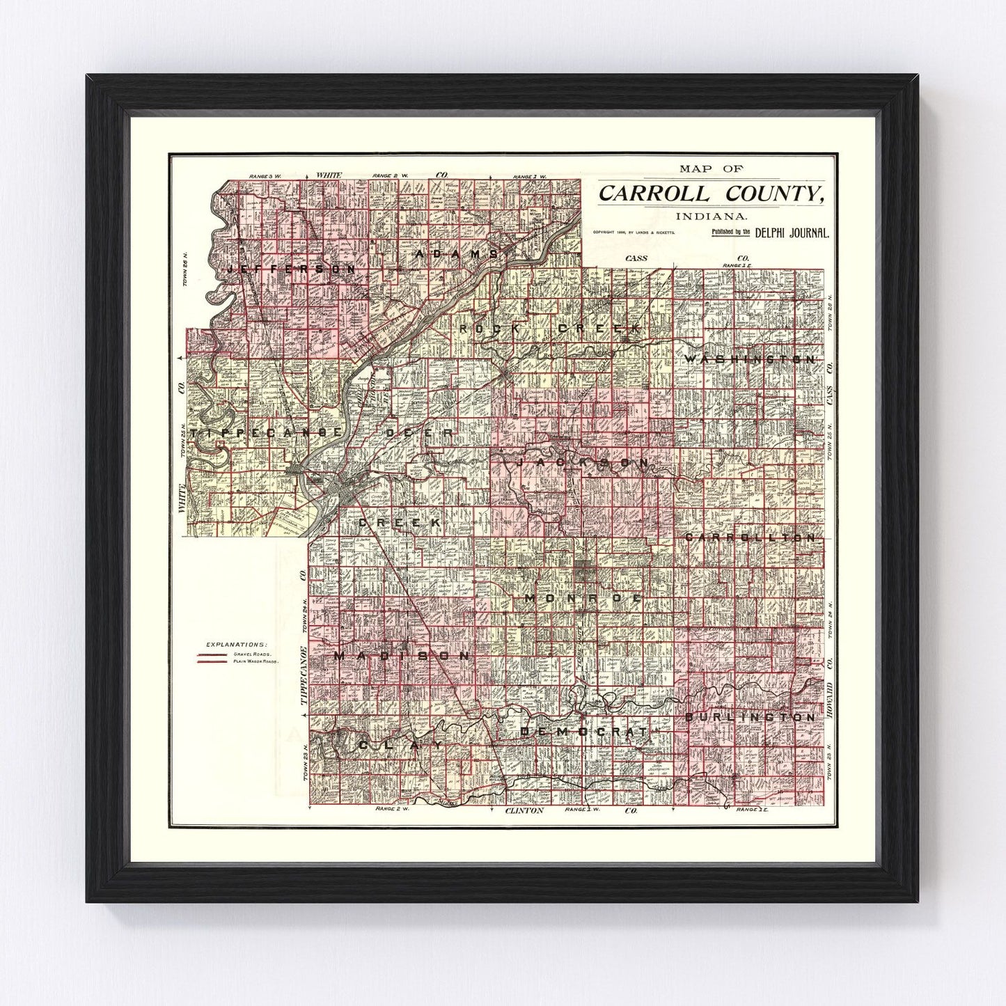 Vintage map of Carroll County, Indiana, 1898, restored vintage wall art print