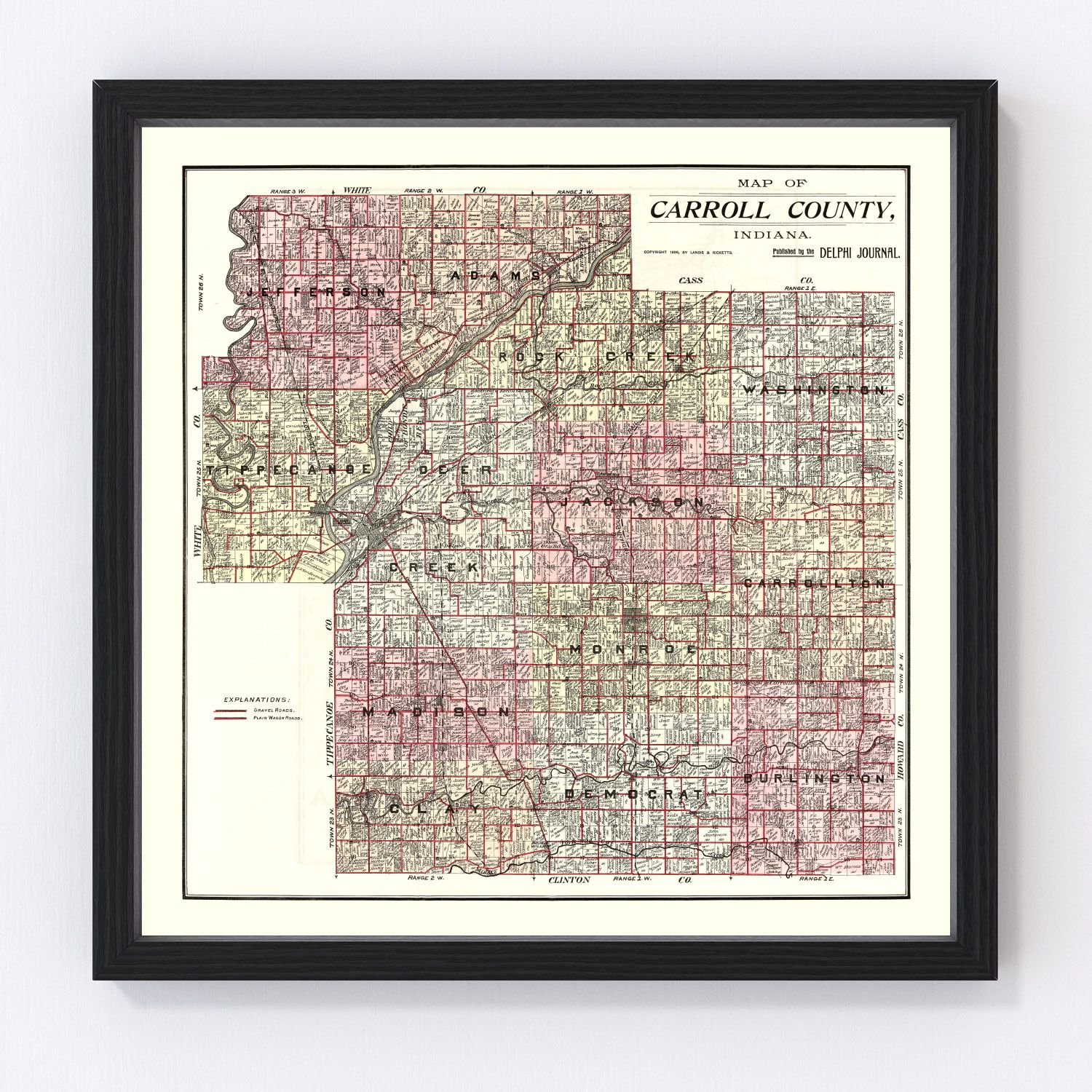 Vintage map of Carroll County, Indiana, 1898, restored vintage wall art print