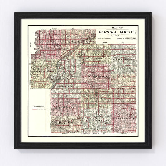 Vintage map of Carroll County, Indiana, 1898, restored vintage wall art print