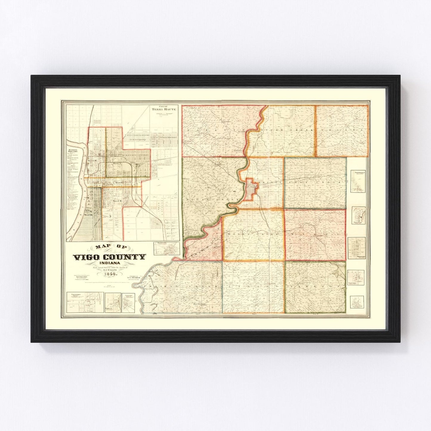 vintage map of Vigo County, Indiana, 1858