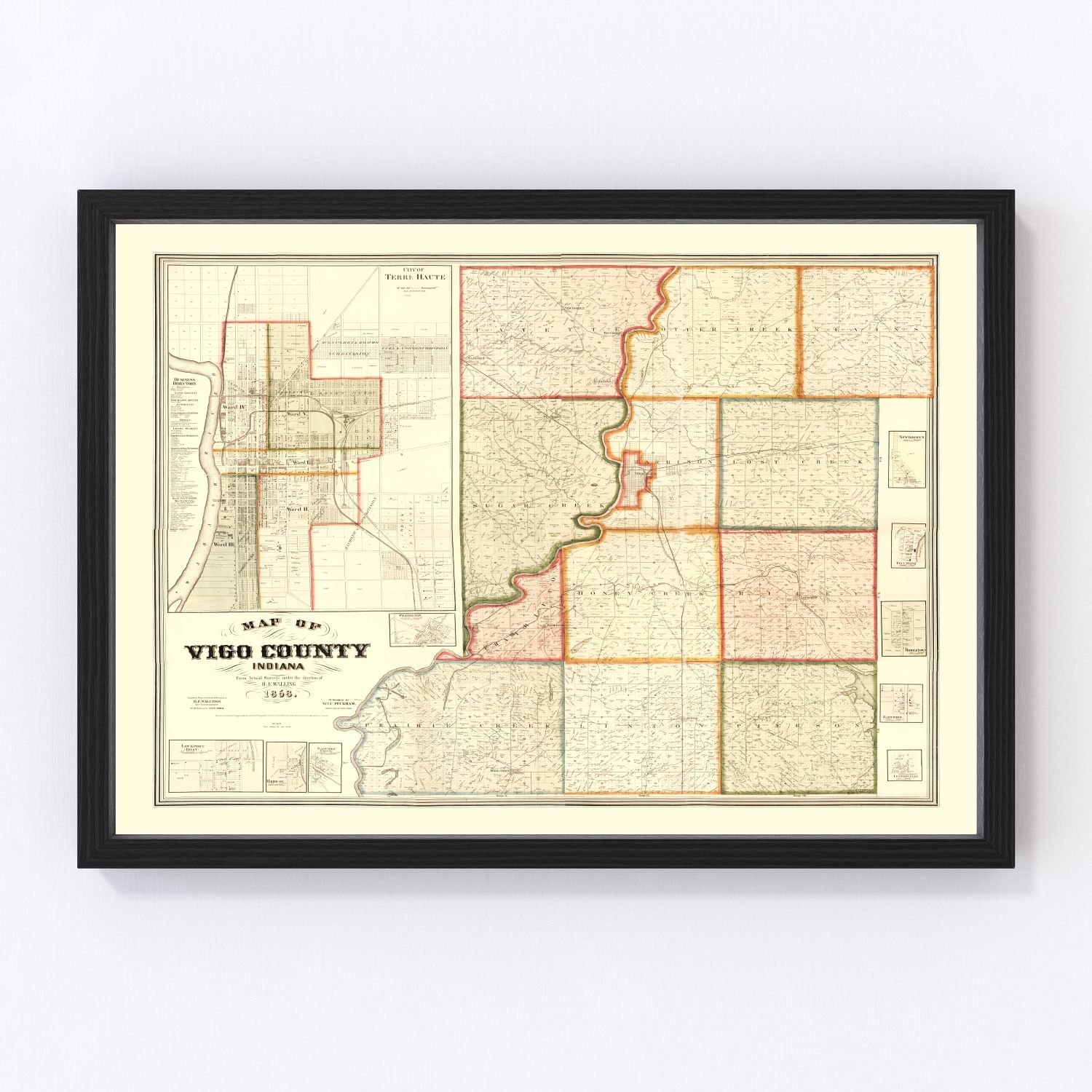 vintage map of Vigo County, Indiana, 1858