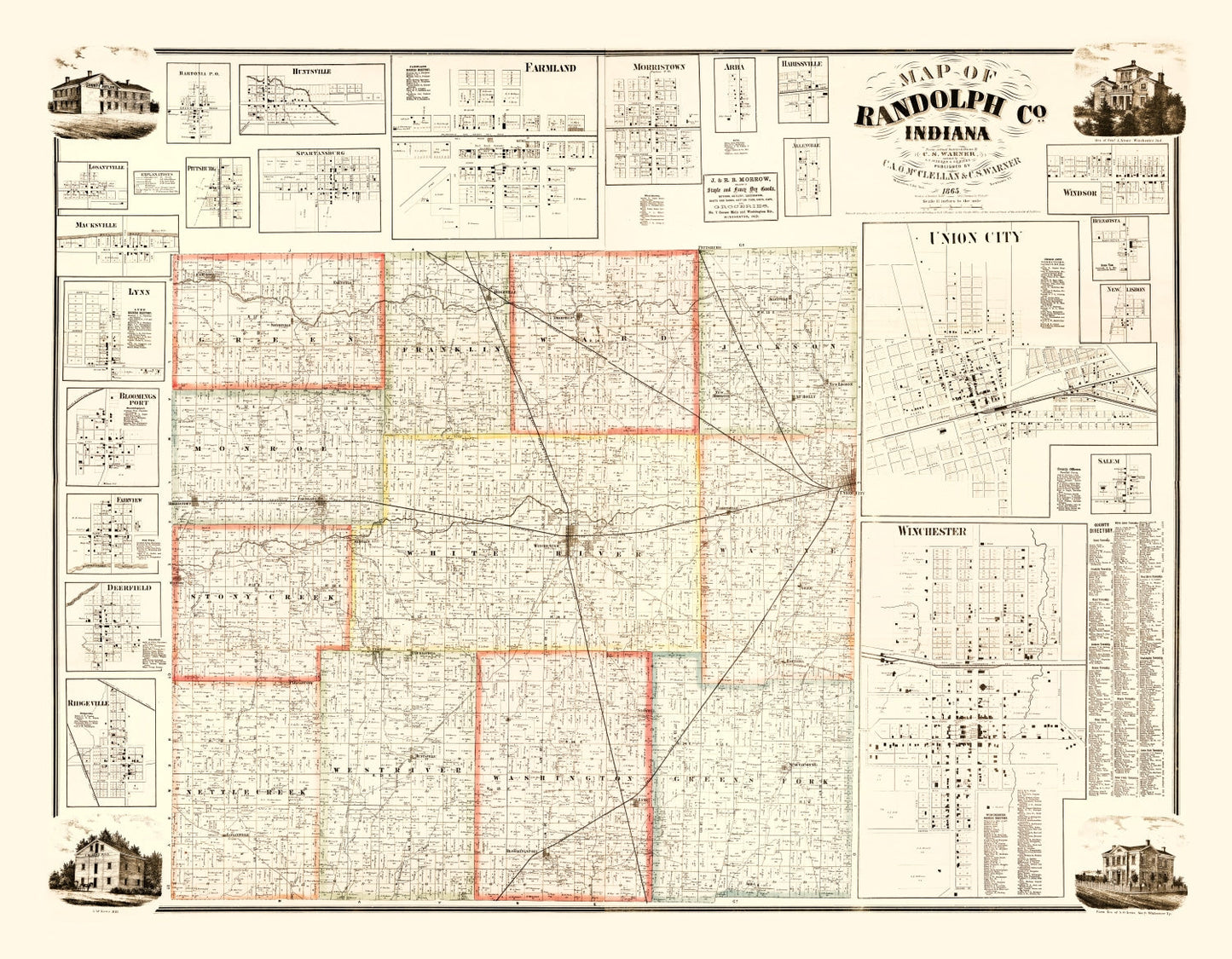 Vintage Map of Randolph County, Indiana, 1865